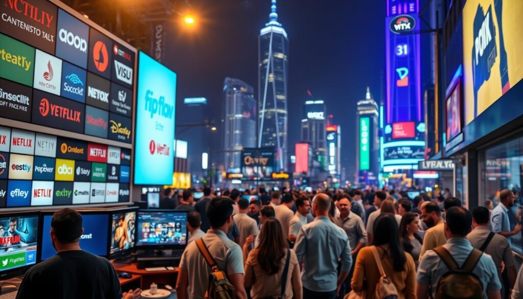 A bustling marketplace in a modern, urban setting. The foreground features an array of streaming service logos and icons displayed on various digital devices, representing the diverse options available to consumers. The middle ground showcases a crowd of people engaged in animated discussions, reflecting the growing interest and demand for premium IPTV services. In the background, a cityscape with towering skyscrapers and a vibrant, neon-lit atmosphere sets the scene, evoking a sense of technological advancement and the rapidly evolving landscape of the streaming industry. Bright, warm lighting illuminates the scene, creating an inviting and dynamic atmosphere that captures the essence of the "Introduction to Premium IPTV" section.