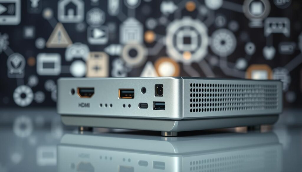 A close-up view of a sleek, modern high-definition streaming device with a metallic silver body and clean, minimalist design. The device has a prominent HDMI port, USB connections, and various indicator lights, showcasing its advanced video and audio capabilities. The device is positioned against a blurred background of digital glyphs, symbols, and wireframe elements, conveying a sense of cutting-edge technology and digital connectivity. Soft, diffused lighting illuminates the device, creating a sense of depth and emphasizing its premium aesthetic. The overall composition and mood evoke a professional, high-quality streaming experience suitable for an article on IPTV subscriptions and streaming characteristics.