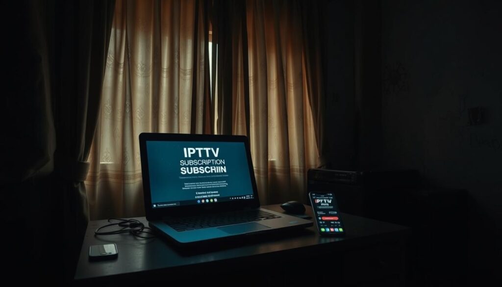 A dingy, dimly-lit room with tattered curtains and a flickering computer screen. On the desk, an open laptop displaying a shady IPTV subscription service, accompanied by a smartphone with a suspicious-looking app. The air is thick with a sense of unease, hinting at the potential risks of choosing an unverified IPTV service. Tense shadows creep along the walls, casting an ominous atmosphere over the scene. The lighting is low and moody, creating a sense of uncertainty and danger. The overall composition emphasizes the hazardous nature of relying on unvetted IPTV subscriptions, serving as a visual warning to the viewer.
