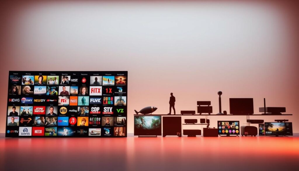 A diverse array of IPTV packages, showcased against a sleek, minimalist backdrop. In the foreground, a grid of various IPTV content icons - movies, TV shows, sports, news, and more - arranged in a visually striking pattern. The middle ground features a selection of IPTV device silhouettes, hinting at the wide compatibility of the services. The background is a clean, gradient-based environment, bathed in a soft, warm light that creates a sense of sophistication and premium quality. The overall composition conveys the breadth and depth of the IPTV offerings, suitable for a high-level comparison of the top-tier providers.