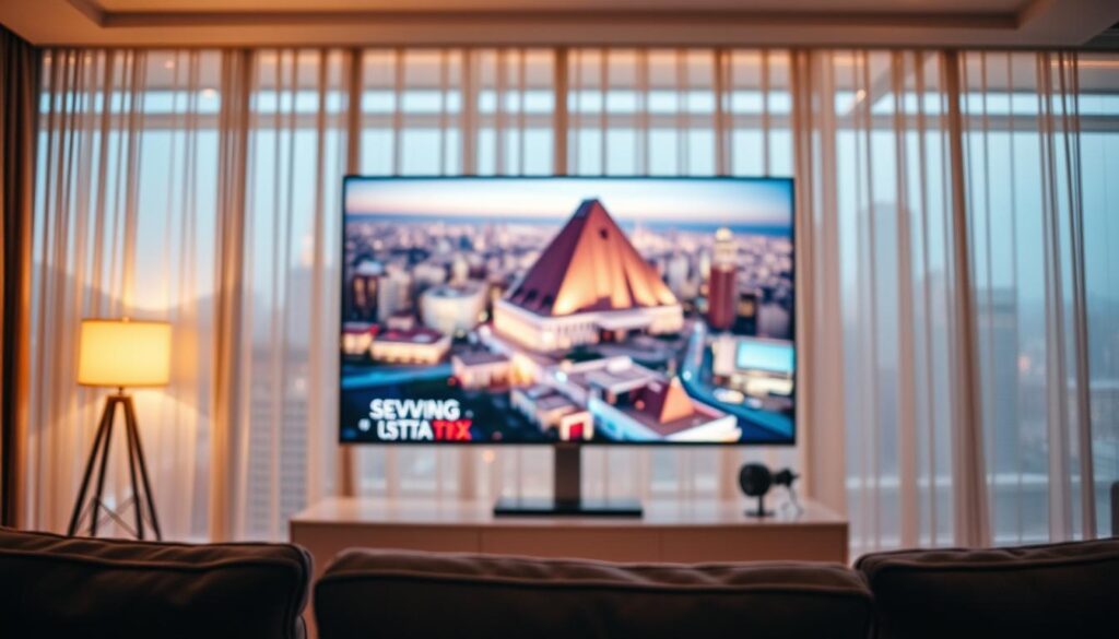 A high-definition video streaming service in an elegant, minimalist interface. A sleek, modern TV or computer display takes center stage, its screen showcasing vibrant, detailed imagery with exceptional clarity. Soft, ambient lighting casts a warm glow, creating a cozy, inviting atmosphere. The background features a blurred, out-of-focus cityscape, hinting at the global reach and accessibility of the streaming service. The entire composition conveys a sense of premium quality, cutting-edge technology, and the pleasurable experience of enjoying high-fidelity digital entertainment in the comfort of one's own space.