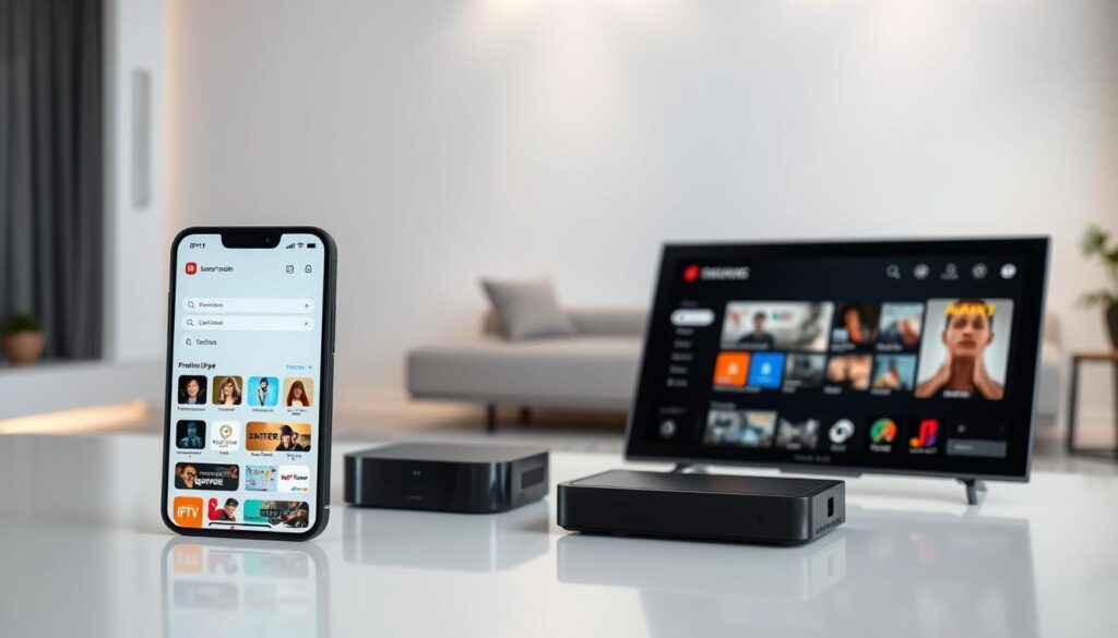 A high-end IPTV premium subscription package presented in a sleek, modern composition. In the foreground, a smartphone or tablet displays the IPTV service's user interface, showcasing a clean, intuitive design with a variety of content categories. The middle ground features premium IPTV hardware, such as a streaming device or set-top box, subtly suggesting the powerful technology behind the service. The background depicts a minimalist living room setting, with subtle lighting and neutral tones that convey a sense of sophistication and luxury. The overall aesthetic communicates the reliable, high-quality, and premium nature of the IPTV subscription, appealing to discerning users seeking the best value in 2025.