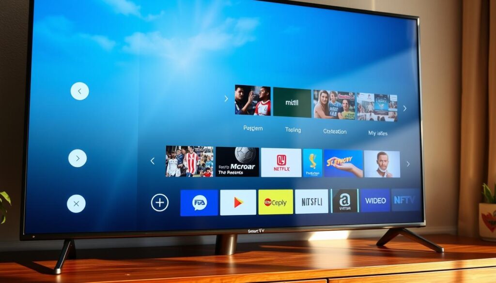 A high-quality, detailed IPTV screen display showcasing a sleek and intuitive smart TV interface. The image should feature a clean, modern design with vivid, color-accurate visuals, crisp text and icons, and a responsive, user-friendly layout. The scene should be lit by warm, natural lighting, highlighting the display's clarity and vibrancy. Capture the screen at a slightly high angle to convey a sense of premium, cutting-edge technology. The overall mood should be one of sophistication, reliability, and the seamless integration of IPTV streaming with the smart TV experience.