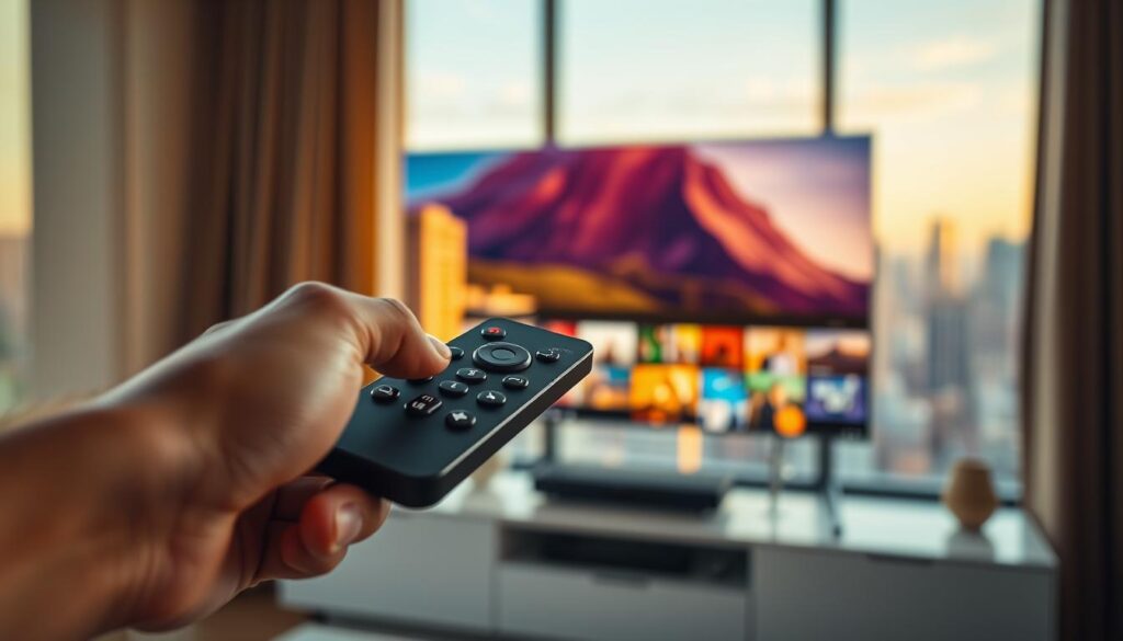 A high-quality video streaming service with a sleek and modern interface. In the foreground, a sharply focused close-up of a hand holding a remote control, highlighting the seamless user experience. In the middle ground, a detailed rendering of a smart TV screen displaying rich, vibrant video content. The background features a softly blurred urban cityscape, conveying a sense of connectivity and accessibility. Warm, natural lighting illuminates the scene, creating a visually appealing and immersive atmosphere. The overall composition evokes a premium, high-definition streaming experience that meets the discerning needs of modern viewers.