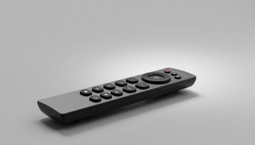 A high-resolution, cinematic depiction of a sleek, modern IPTV remote control set against a minimalist, monochrome background. The remote is rendered in a glossy black finish, its angular design and clean lines conveying a sense of sophistication and technology. Subtle ambient lighting from above casts a soft, directional glow, highlighting the remote's contours and creating a sense of depth and dimension. The overall mood is one of simplicity, elegance, and the promise of seamless, high-quality IPTV entertainment.