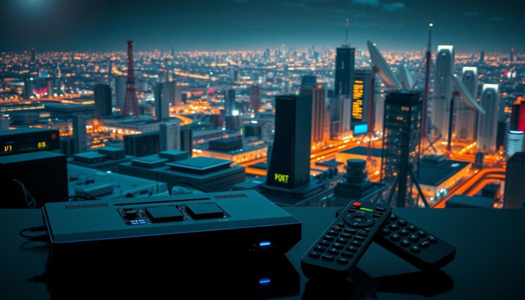 A high-tech digital landscape showcasing the technical workings of an IPTV Premium system. In the foreground, a sleek, futuristic set-top box and remote control, with intricate circuit boards and glowing indicator lights. In the middle ground, a complex network of servers, routers, and satellite dishes, all connected by pulsing data streams. In the background, a vibrant, neon-tinged cityscape, hinting at the global reach and infrastructure powering this advanced television technology. Soft, directional lighting illuminates the scene, casting dramatic shadows and highlighting the precision engineering. The overall mood is one of technological sophistication and the cutting edge of multimedia entertainment.