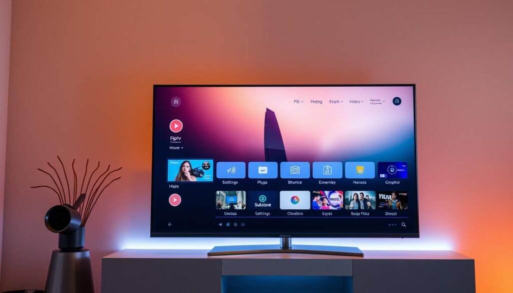 A modern and sleek IPTV service interface, showcasing a clean and user-friendly design. The foreground features a minimalist TV screen displaying a live stream of various content, with a crisp and vibrant display. In the middle ground, various icons and buttons represent different channels, settings, and subscription options, all neatly organized. The background subtly blends warm and cool tones, creating a calming and professional atmosphere. Soft ambient lighting gently illuminates the scene, highlighting the refined and elegant aesthetic of the IPTV service. The overall composition conveys a sense of simplicity, accessibility, and a premium digital entertainment experience.