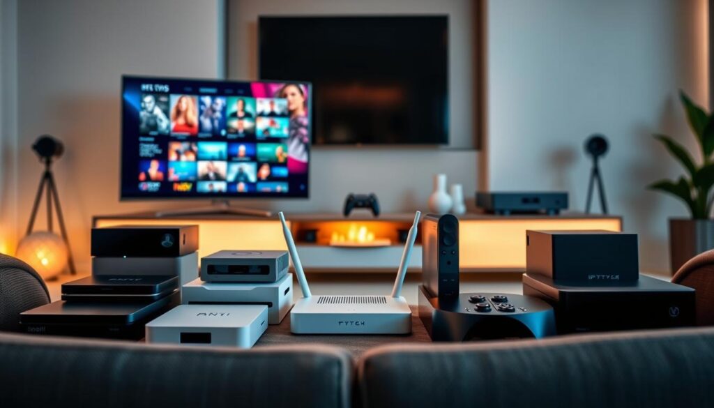 A modern and sleek home entertainment setup, featuring a variety of premium IPTV-compatible devices. In the foreground, a high-end smart TV displays vivid, crystal-clear content. Surrounding it, a selection of streaming boxes, gaming consoles, and multimedia hubs sit neatly arranged, all connected and ready to deliver the ultimate IPTV viewing experience. The middle ground showcases a wireless router and modem, symbolizing the reliable internet infrastructure required for a premium IPTV subscription. In the background, subtle lighting and minimalist decor create a warm, inviting atmosphere, perfectly complementing the advanced technology on display. An image that captures the convenience, quality, and seamless integration of a top-tier IPTV plan.