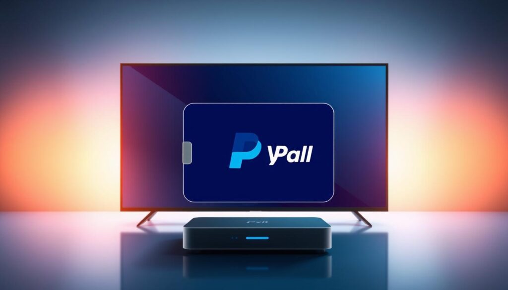 A modern and sleek illustration of a secure IPTV service that seamlessly integrates PayPal as the payment method of choice. In the foreground, a digital wallet interface showcases the PayPal logo, signifying the trusted and reliable nature of the transaction. The middle ground features a stylized IPTV device, its minimalist design hinting at the advanced streaming capabilities. The background is a blend of serene gradients, creating a sense of professionalism and sophistication. Subtle lighting from the sides casts a warm glow, conveying the trustworthiness and dependability of the IPTV-PayPal solution. The overall composition strikes a balance between technology, security, and user-friendliness, reflecting the ideal payment experience for IPTV subscribers.