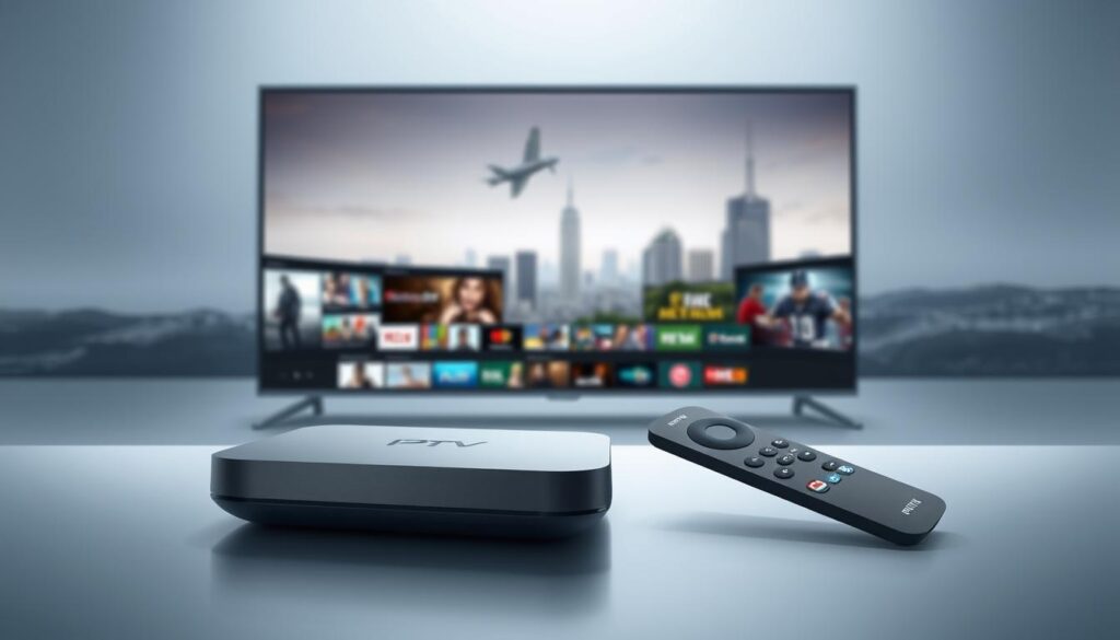 A modern, minimalist illustration showcasing IPTV Premium 2025 service. In the foreground, a sleek, high-tech device, like a streaming box or smart TV remote, commands attention. The device features clean lines, a muted color palette, and subtle branding elements suggestive of premium quality. The middle ground depicts a seamless, cinematic display of various entertainment content - movies, TV shows, live sports - conveying the breadth of IPTV's offerings. In the background, a stylized cityscape or abstract landscape sets the scene, hinting at the global reach and accessibility of the IPTV service. Subtle lighting and depth of field create a sense of depth and visual interest. The overall aesthetic is one of sophistication, technology, and the future of premium home entertainment.