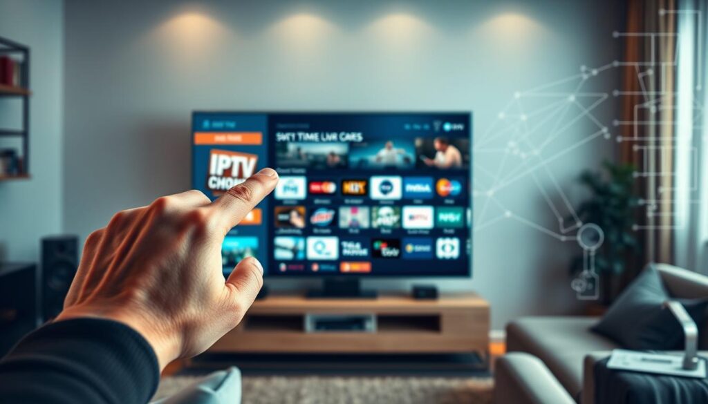 A modern, sleek IPTV setup with a smart TV interface, showcasing its user-friendly features and advantages. In the foreground, a hand navigates the intuitive on-screen menus, highlighting the wide selection of live channels, on-demand content, and personalized recommendations. The middle ground depicts a cozy living room setting, with the TV screen taking center stage and surrounded by comfortable seating. The background subtly blends in technical schematics and network diagrams, conveying the robust infrastructure powering the IPTV service. The lighting is warm and inviting, creating a sense of convenience and entertainment. The overall composition emphasizes the seamless integration of IPTV technology into the home environment, underscoring its advantages for the user.