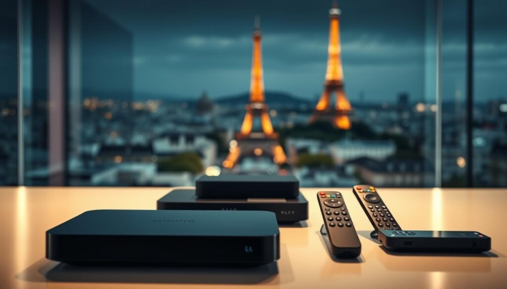 A modern, sleek IPTV system prominently displayed in the foreground, its clean lines and minimalist design exuding a sense of premium quality. In the middle ground, various streaming devices and remote controls, showcasing the versatility of the IPTV service. The background features a blurred cityscape of Paris, with the Eiffel Tower visible in the distance, subtly hinting at the French origins of the IPTV provider. The overall scene is bathed in a warm, sophisticated lighting, creating an inviting and premium atmosphere.