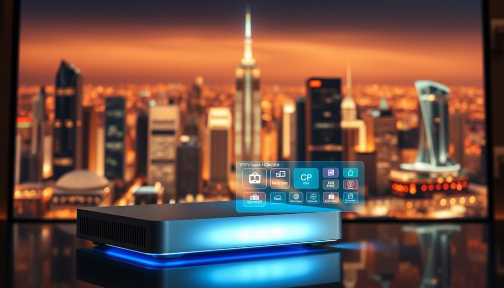 A modern, sleek internet protocol television (IPTV) system against a backdrop of a futuristic digital landscape. In the foreground, an elegant IPTV set-top box with clean lines and a minimalist design, glowing with a soft blue light. The middle ground features a holographic display showcasing a range of IPTV services and content, with a fluid user interface and vibrant colors. In the background, a cityscape of towering skyscrapers and a network of interconnected data cables, representing the technological infrastructure that powers the IPTV experience. The scene is bathed in a warm, ambient lighting, creating a sense of sophistication and innovation. The overall atmosphere conveys the seamless integration of traditional television and advanced internet technologies.
