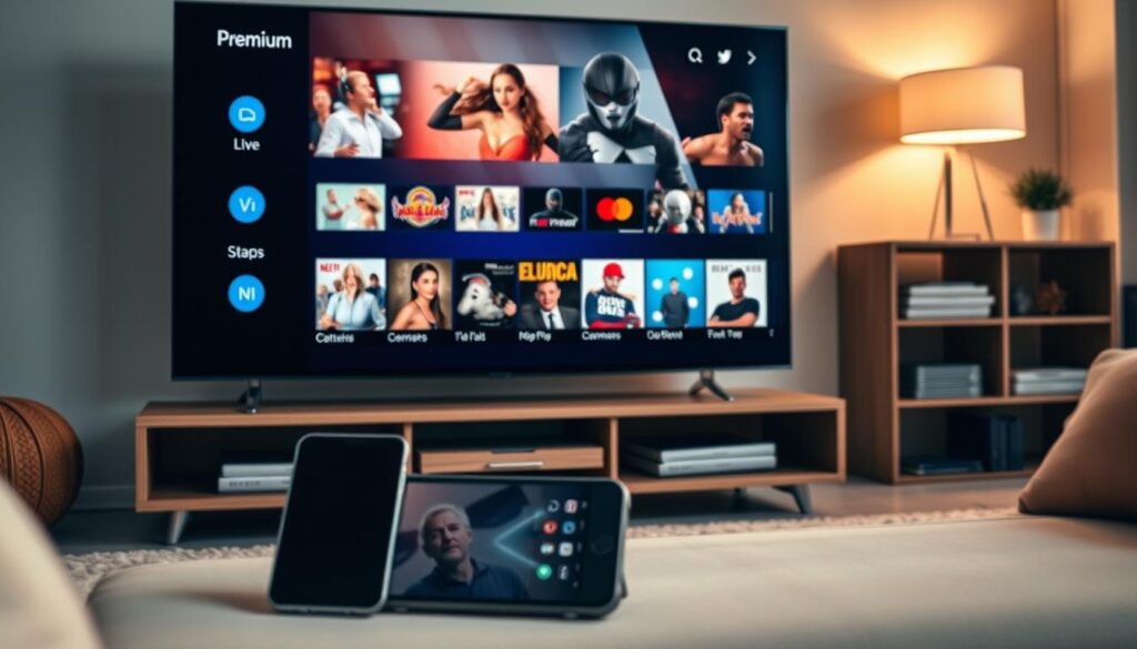 A premium IPTV service in France, showcasing a sleek and modern user interface on a high-definition television screen. The foreground displays a selection of popular live TV channels and on-demand content, with intuitive navigation menus. The middle ground features a range of smart devices, such as a smartphone and tablet, demonstrating the cross-platform accessibility of the service. The background depicts a cozy, contemporary living room setting, with warm lighting and minimalist decor, creating a comfortable and immersive viewing experience. The overall composition conveys the convenience, quality, and versatility of the IPTV service for French consumers.
