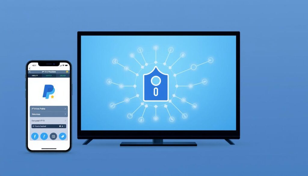 A secure IPTV subscription service, captured in a sleek and modern digital illustration. The foreground features a smartphone display showcasing the IPTV premium paypal interface, with a clean and intuitive user experience. In the middle ground, an abstract network diagram illustrates the secure data transmission between the IPTV provider and the user's device, emphasizing the encrypted and reliable connection. The background is a subtle gradient, creating a sense of depth and sophistication. The overall aesthetic is minimalist and tech-forward, reflecting the premium quality and trustworthiness of the IPTV premium paypal service.