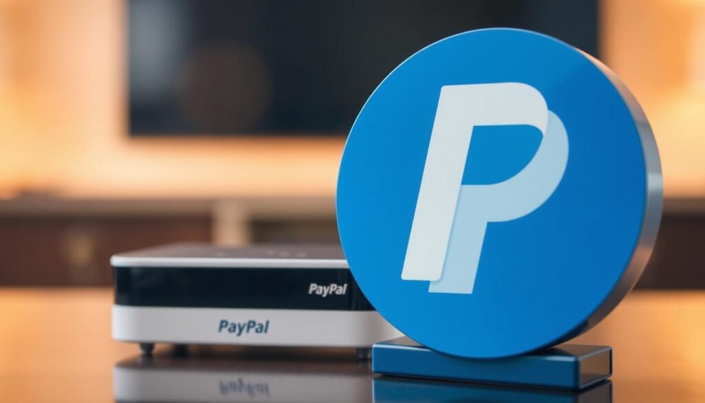 A secure online payment platform, PayPal, is prominently displayed in the foreground, its iconic blue and white branding standing out against a soft, blurred background. In the middle ground, a compact IPTV device is showcased, subtly hinting at the subject of the article. The scene is bathed in warm, diffused lighting, creating a sense of trust and reliability. The overall composition conveys the importance of a secure payment method for IPTV subscriptions, with the PayPal logo serving as the focal point and a symbol of the article's core message.