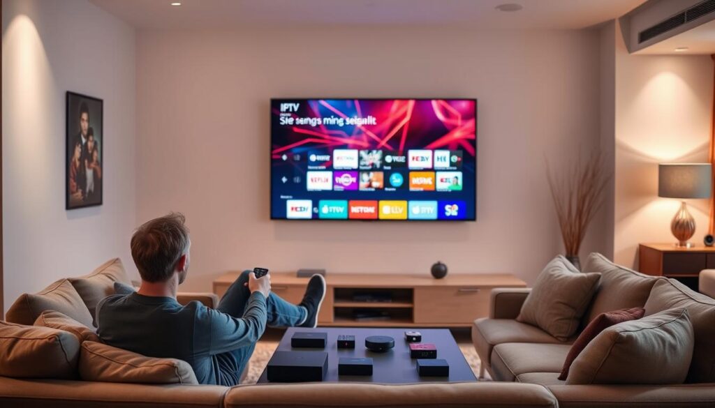 A serene living room with a large HDTV screen mounted on the wall, showcasing a vibrant IPTV user interface. Soft, indirect lighting illuminates the space, creating a cozy atmosphere. In the foreground, a person comfortably seated on a plush sofa, effortlessly navigating the IPTV menu with a sleek remote control. The middle ground features a coffee table with a variety of streaming devices, subtly highlighting the flexibility and convenience of IPTV compared to traditional television. The background depicts a warm, modern decor, emphasizing the seamless integration of IPTV technology into the home environment.