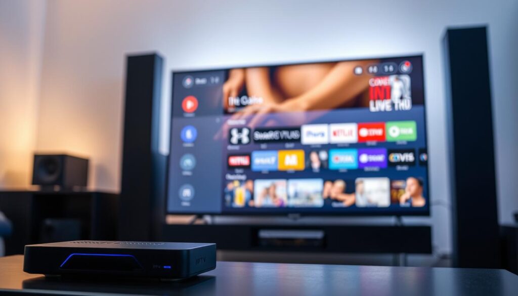 A sleek, modern IPTV setup with a stylish smart TV and a high-tech streaming device in the foreground. The TV screen displays the IPTV interface, showcasing its intuitive menu and a wide selection of live channels. In the background, a minimalist home entertainment system with premium audio equipment and subtle lighting creates a cozy, immersive atmosphere. The overall scene conveys the convenience, affordability, and high-quality viewing experience of a "code IPTV pas cher" service.