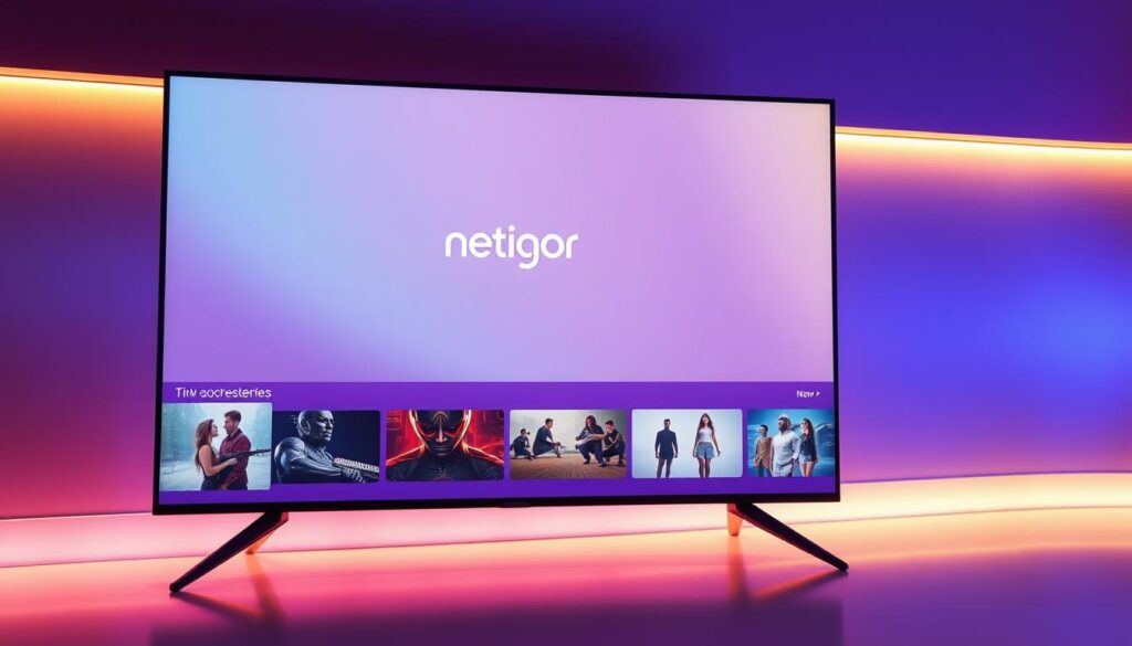 A sleek, modern streaming service interface with a minimalist, high-tech aesthetic. A clean, flat design featuring a bold, innovative logo against a backdrop of vibrant, saturated colors. The screen displays a curated selection of content thumbnails, with smooth animations and subtle ambient lighting creating a sense of depth and sophistication. The overall impression is of a cutting-edge, user-friendly platform that seamlessly integrates the latest streaming technology.