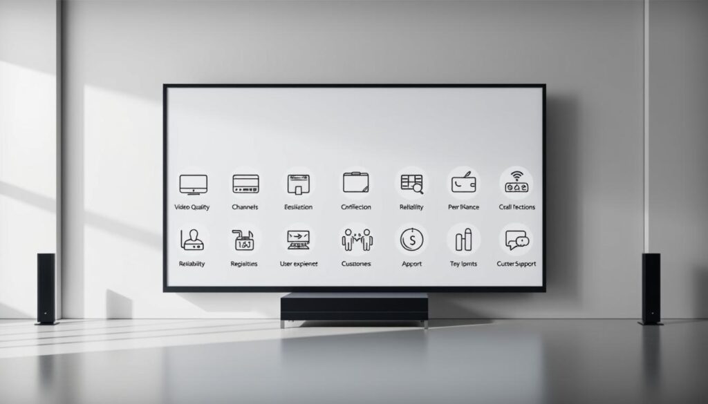 A sophisticated and visually compelling image showcasing the key criteria for choosing a premium IPTV service. Set against a sleek, minimalist background, the foreground features a series of crisp, high-resolution icons and infographic elements arranged in a clean, symmetrical layout. The icons depict various technical specifications and service features such as video quality, channel selection, reliability, user experience, and customer support. Subtle lighting and depth-of-field effects create a sense of depth and sophistication. The overall aesthetic is professional, modern, and optimized to clearly communicate the essential factors to consider when selecting a premium IPTV provider.