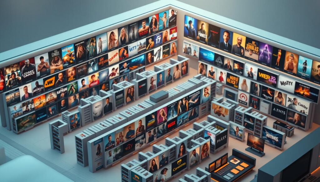 A sprawling catalog of IPTV content fills the frame, showcasing a diverse array of movies, TV shows, live channels, and on-demand programming. The catalog is displayed on a sleek, modern interface with a clean, minimalist design, allowing the rich visuals of the content to take center stage. The catalog is presented in a three-dimensional, isometric perspective, giving it a sense of depth and immersion. Warm, diffused lighting illuminates the scene, creating a cozy and inviting atmosphere. The overall composition conveys a sense of endless entertainment possibilities, with the catalog serving as a gateway to a vast and diverse world of streaming content.