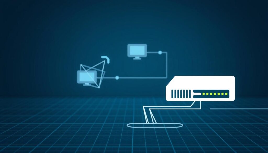 A technical diagram depicting the flow of data through an IPTV content delivery system. In the foreground, a stylized network router icon representing the internet protocol (IP) network. In the middle ground, abstract geometric shapes and lines illustrating the transmission of digital video streams. In the background, a subtle grid pattern suggesting the underlying infrastructure. Rendered in a muted, technical color palette with cool tones and clean, minimalist aesthetics. The overall impression should convey the complex yet efficient process of delivering IPTV services via the internet protocol.