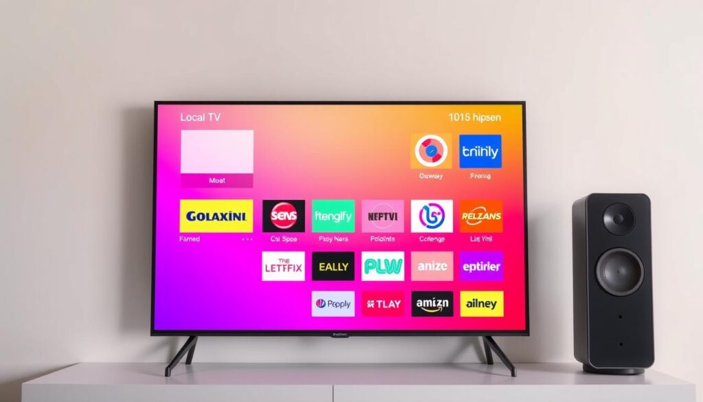 A vibrant selection of local television channels displayed on a modern, minimalistic LED screen. The screen is set against a neutral, softly-lit background, allowing the content to take center stage. The channels are presented in a clean, grid-like layout, with crisp, high-definition graphics and logos. The overall aesthetic is sleek and contemporary, conveying a sense of accessibility and affordability for the viewer. Subtle lighting effects, such as a gentle glow or soft shadows, add depth and dimensionality to the scene, creating an inviting and visually appealing presentation of the "affordable local TV" concept.