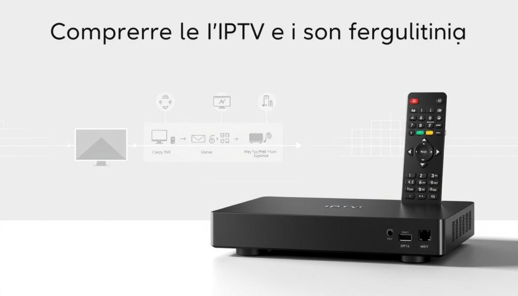 A well-lit, detailed illustration of an IPTV set-top box and remote control, set against a neutral background with a clean, minimalist aesthetic. The box should be positioned prominently in the foreground, showcasing its sleek, modern design and key connectivity ports. The remote control should be placed alongside, highlighting its intuitive button layout. The middle ground should feature a simplified diagram or schematic explaining the IPTV signal flow and functionality, with clean iconography and labels. The background should convey a sense of technological sophistication, perhaps with subtle grid patterns or abstract geometric shapes. The overall mood should be informative and visually engaging, reflecting the educational nature of the "Comprendre l'IPTV et son fonctionnement" section.