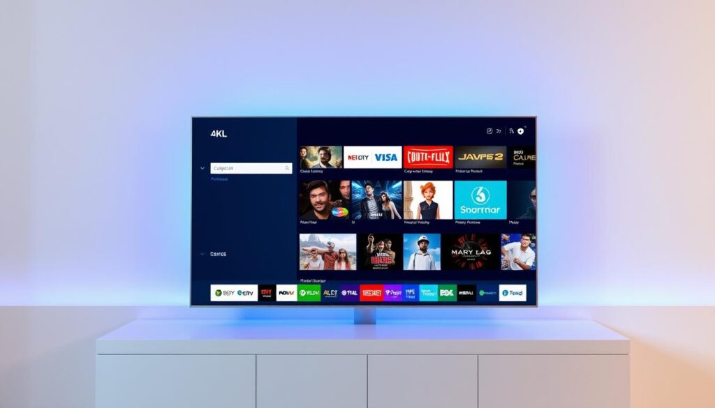 High-resolution digital television channels with an intuitive, user-friendly interface. A sleek, modern 4K TV screen displays a vibrant, crystal-clear collection of premium entertainment channels, meticulously crafted to provide an immersive viewing experience. The UI is clean and minimalist, with intuitive navigation controls allowing seamless browsing and selection of content. Soft, natural lighting illuminates the display, creating a warm, inviting atmosphere. The overall scene conveys a sense of technological sophistication and visual excellence, perfectly suited to showcase the superior quality of an IPTV Premium 4K service.